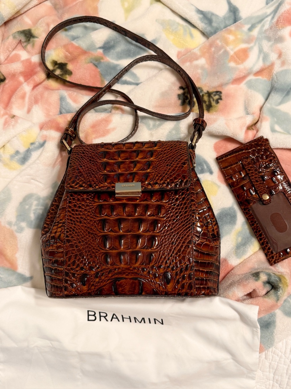 Brahmin Brown Croc-Embossed Leather Crossbody Satchel with wallet